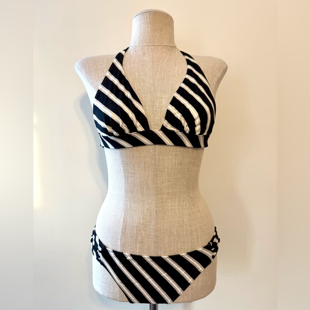 Vintage Victoria's Secret Black and White Striped Halter Top Bikini Set